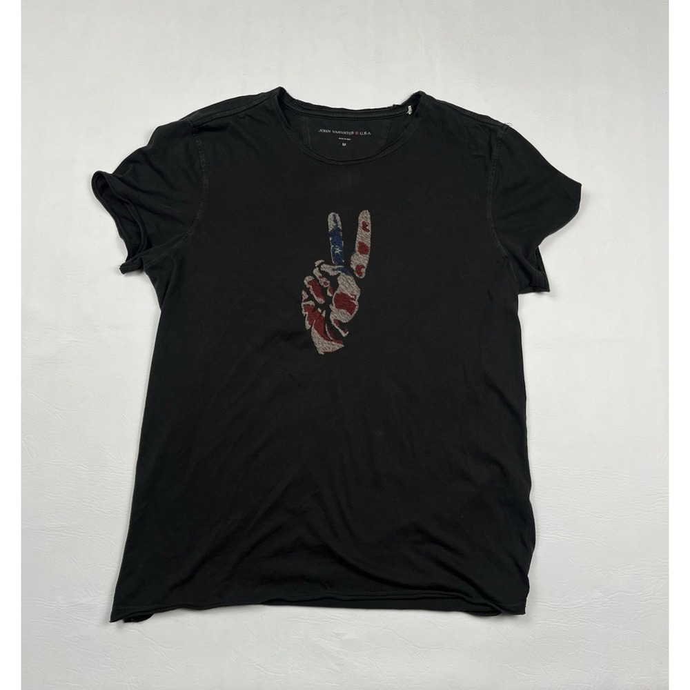 John Varvatos USA Star Peace Sign Tee Shirt Mens Medium Dark Gray Distressed